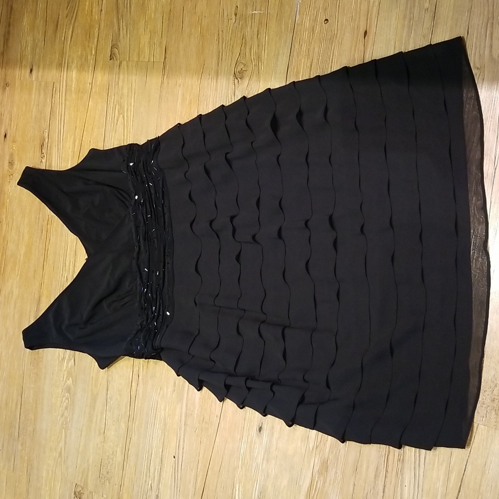 S.L Fashions Black Vneck zipper back ruffle w/beaded waist sz18W